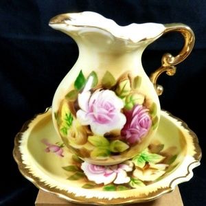 Enesco Hand Painted Roses Gold trim Pitcher & Bowl porcelain Victorian style set